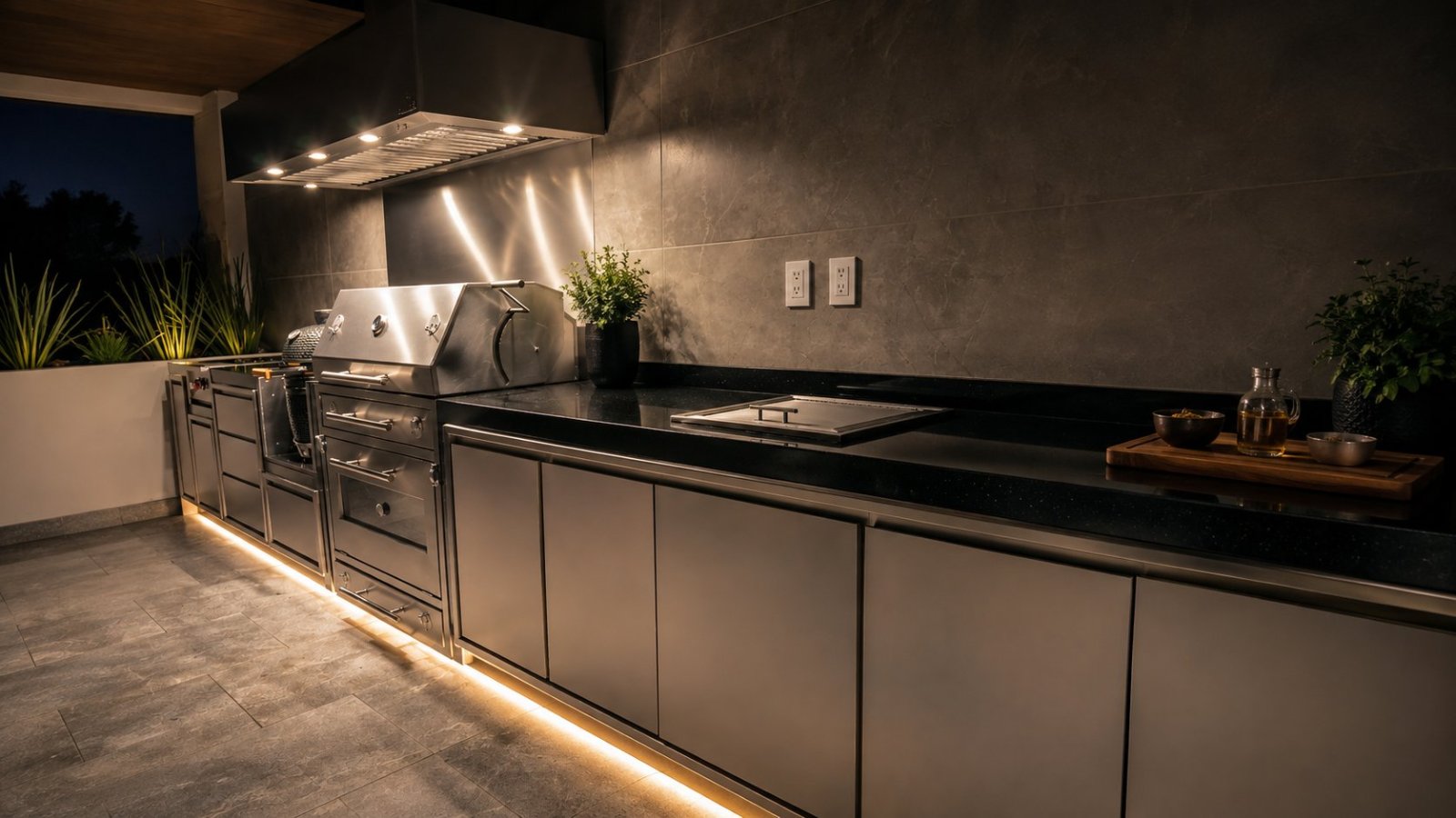 Cocina exterior integral con isla de mármol